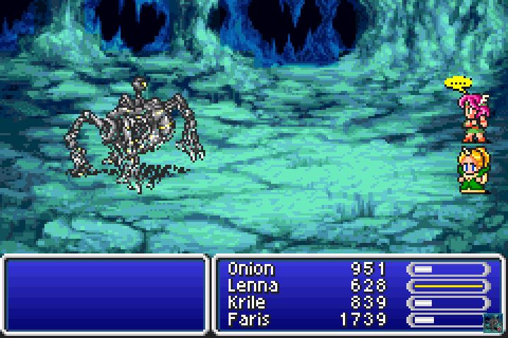 Screenshot of Final Fantasy V for the Game Boy Advance. Omega's begun to dissolve, Bartz and Faris have been Encircled off the player party's side, Krile (as a Ranger) is Silenced and about to gamble on whether or not her Dancer's Knife will let her dance, and Summoner Krile's just standing there after having cast Thundaga on both herself and Krile to reflect the spell back onto the mechanical weapon. An icon for the Retro Achievement of beating Omega is semi-transparent in the bottom right corner.
