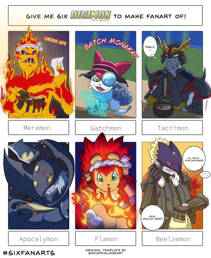 Six fan arts challenge, featuring choices from Tumblr commenters: Meramon, Gatchmon, Tactimon, Apoclymon, Flamon, Beelzemon