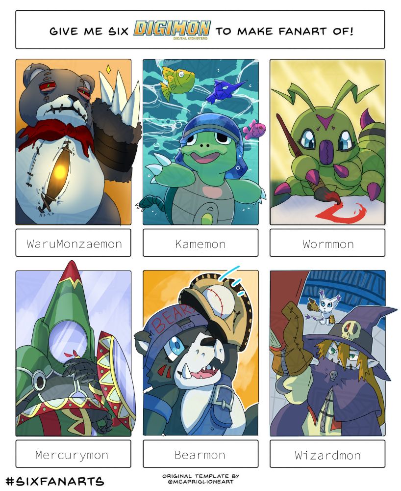 Six fan arts challenge, featuring choices from Bksy commenters: Warumonzaemon, Kamemon, Wormmon, Mercurymon (Frontier), Bearmon, Wizardmon 
