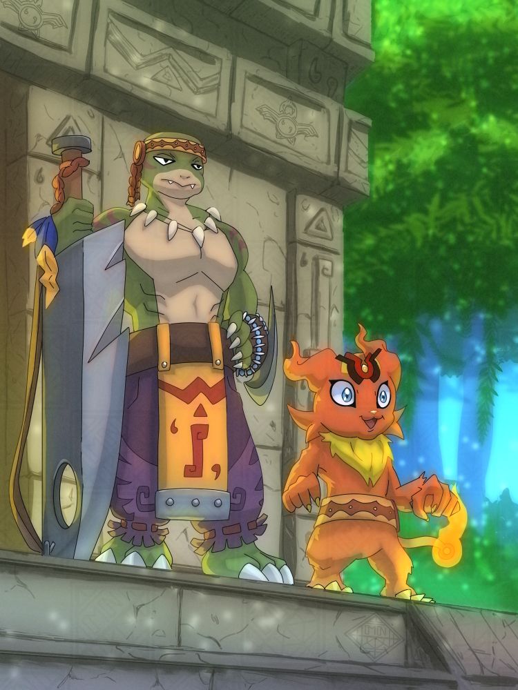Chief Dinohumon and Sonne the Coronamon stand at the top of a pyramid observing something in the distance. The Chief watches with a careful gaze as his protege looks excitedly