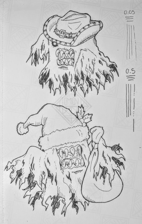 Fine liner pen experiments of Soulmon in different hats. One wants a pistol duel at high noon, the other bears gifts.