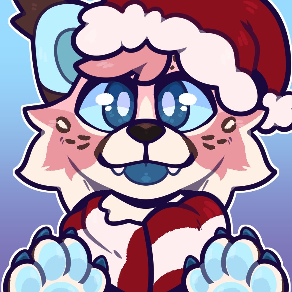 headshot icon of a Pinky-peach furred anthro lynx wearing a Christmas hat and scarf