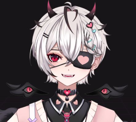 drop shoulder up image of vtuber demi-demon with red eye  white hair and a black eye patch. accessorized with black horns with pink tips a black heart choker and floating wings near his neck
