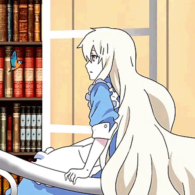 a girl with long white hair is sitting in front of a bookshelf with books on it