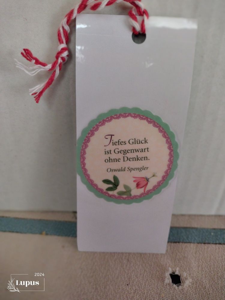 Die Hinterseite ist mit einem Spruch von Oswald Spengler verziert. Der Spruch ist "Tiefes Glück ist Gegenwart ohne Denken."