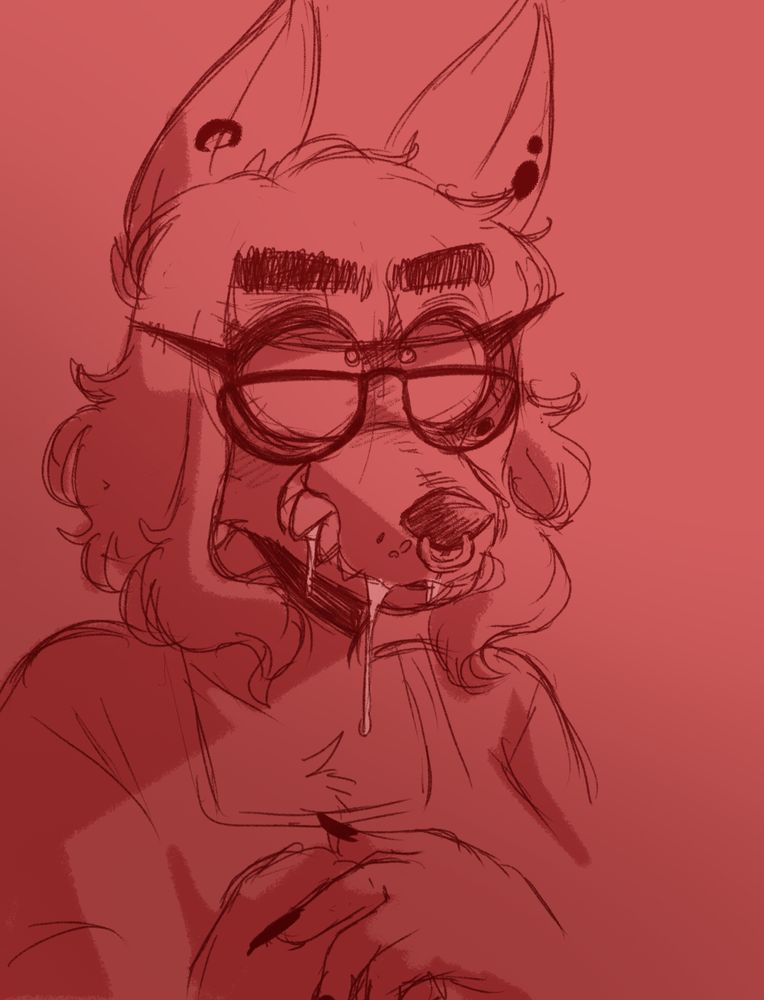 Rough sketch of Maxine, an anthropomorphic wolf girl with wavy shoulder-length hair, cut with bangs. She has a mole under her left eye and thick eyebrows, she also wears glasses and has some piercings on her ears and a nose ring.

Her face is lowered a bit, casting a bit of a menacing shadow on her as she looks up with very wide eyes, very small pupils, and a ravenous smile on her as she drools. Based on the caption she is implied to be looking at someone off-screen.

Generally depicted as a cute shy gesture, but perhaps off-putting in this case, she has her hands together in a sort of "innocent curiosity".