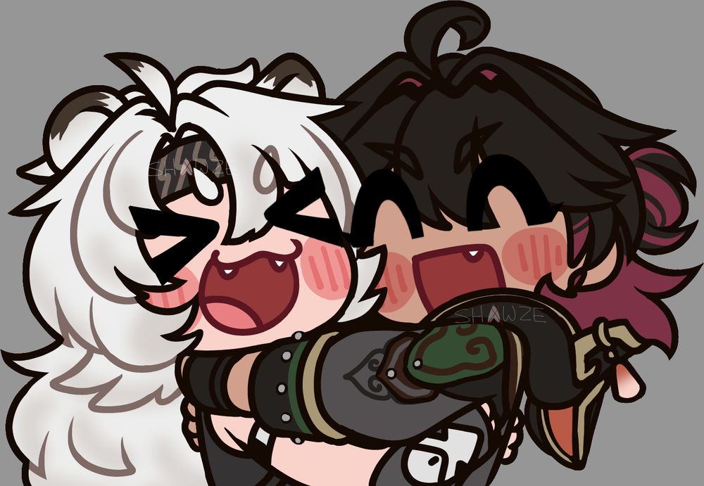 A chibi drawing of Lingyang and Gaming hugging each other happily.