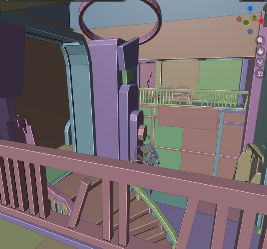 West wing side of the fountain and stairs below it. 