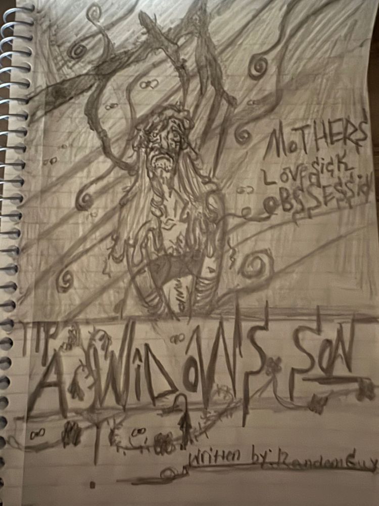 This image has a man looking up with traumatized eyes as a spindly hand curls inward around his head. he has arms together and most likely kneeling. His bra straps are slipping, but the pain of thorns around him grows without permission. 

The caption: "Mother's lovesick obsession."
The title: "A Widow's Son."
Writer: "Random Guy".

This was a title Concept Art page. 