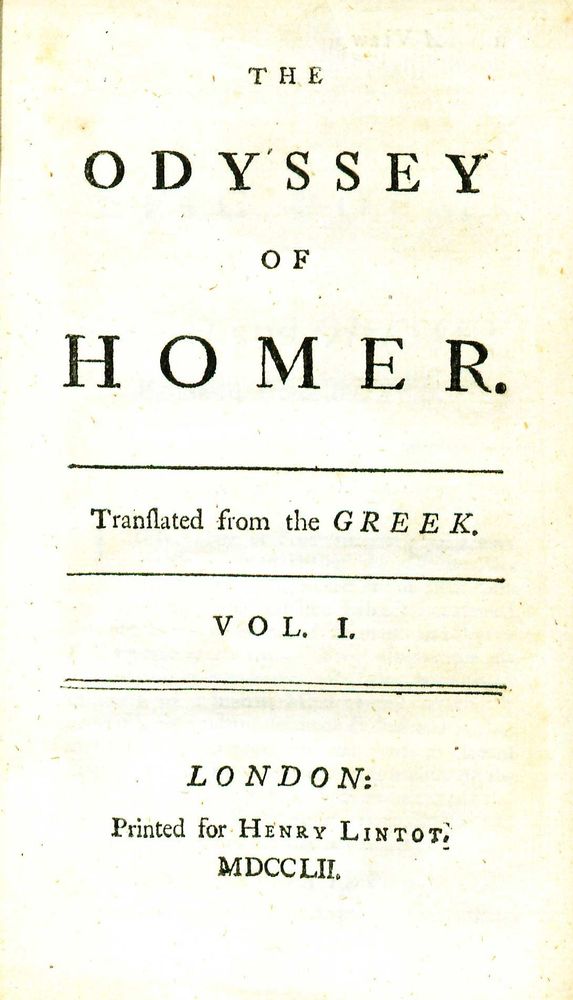 Title page from volume one of 'The Odyssey' of Homer, translated by Alexander Pope (London: Printed for Henry Lintot, 1752). George Wythe Collection, Wolf Law Library, College of William & Mary.