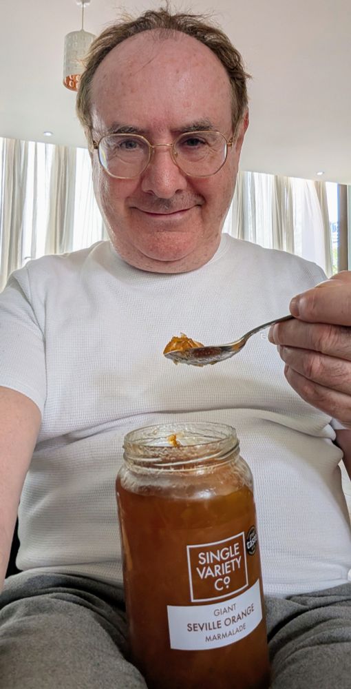 Me eating Seville marmalade from a huge jar made by Single Variety Co.