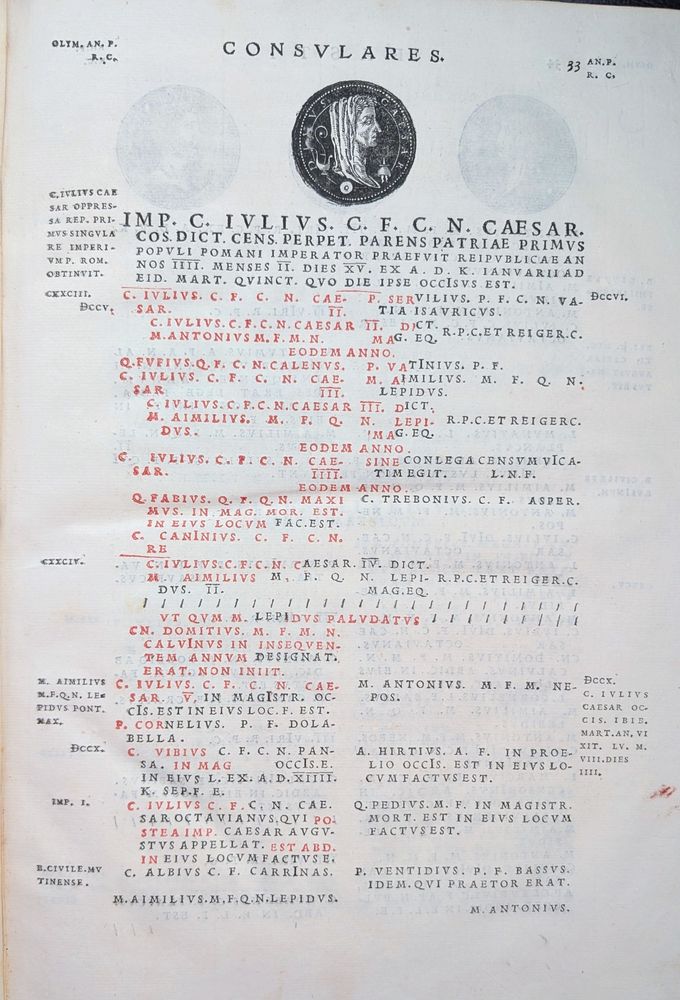 Julius Caesar page, his coin image atop, many red text areas
