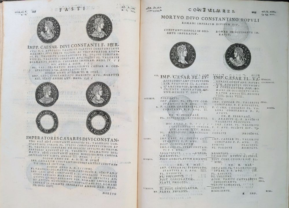Constantine I page, noting Empire division at his death, 6 coin portraits and two coin roundels