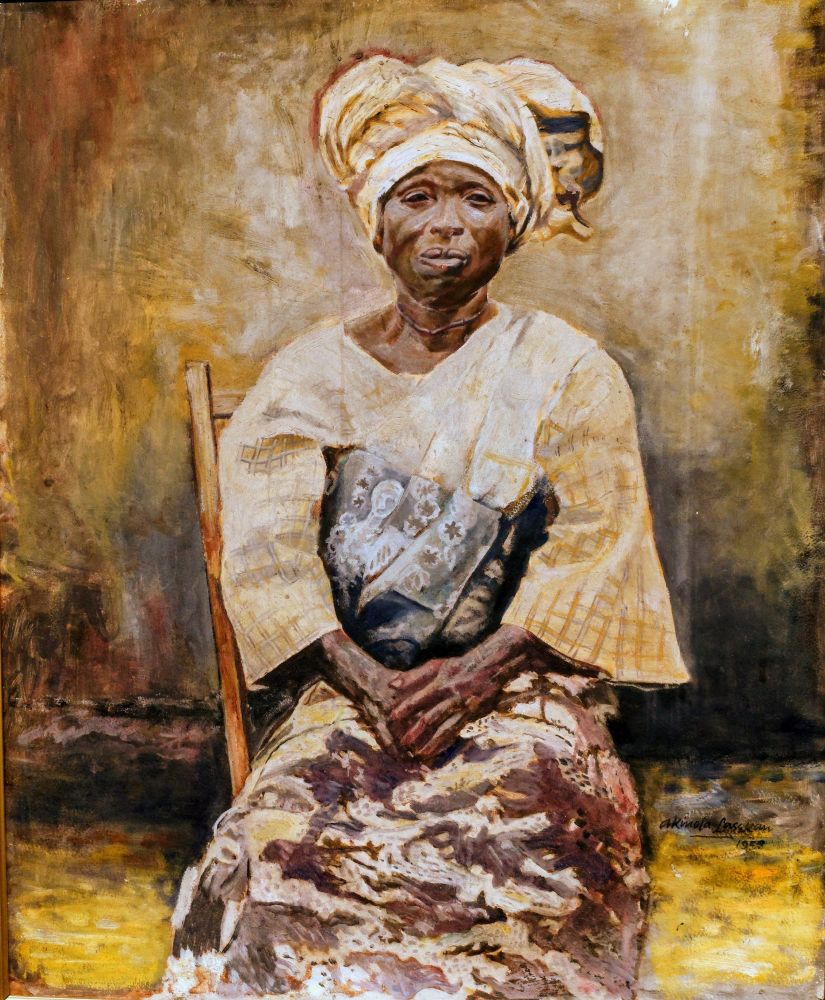 Akinola Lasekan 1916-1972

lya Agba
1958
Acrylic paint on board

This portrait shows an elder Yoruba woman,
referred to by the respectful title lya Agba,
meaning "grandmother', It is one of a series
of paintings Lasekan produced in his studio
in lpele for purchase by his patrons who
included colonial administrators. lya Agba
presents a departure from Lasekan's other
work, focusing on an unnamed elderly
woman rather than a titled ruler or subject
from Nigerian folklore