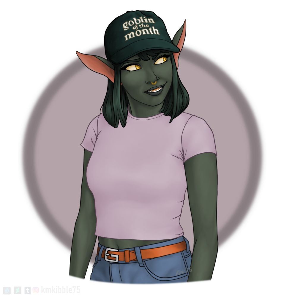 A goblin woman in jeans and a t-shirt if wearing a "Goblin of the Month" ballcap.