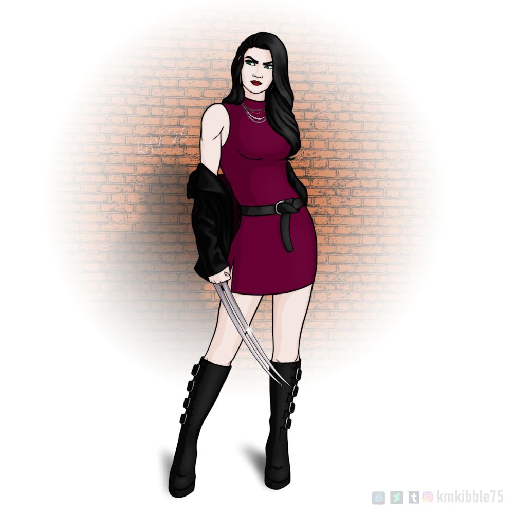 Laura Kinney stands in front of a brick wall. She's wearing a midi-dress with a knotted belt, and a black leather jacket has been shrugged off her shoulders to gather around her elbows. She has thick-heeled boots with four buckles on the outer side of each, and the claws on her right hand have been extended. 