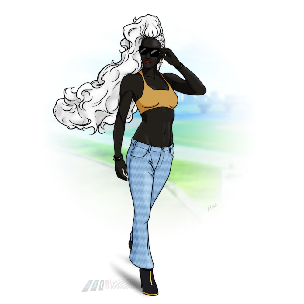 Ororo Munroe is taking a summer stroll, wearing a tan-gold halter top, denim bellbottoms, and black shoes with gold accents. She also has on spiked leather cuffs and lightning bolt earrings as the wind whips through her cloud-like fauxhawk.