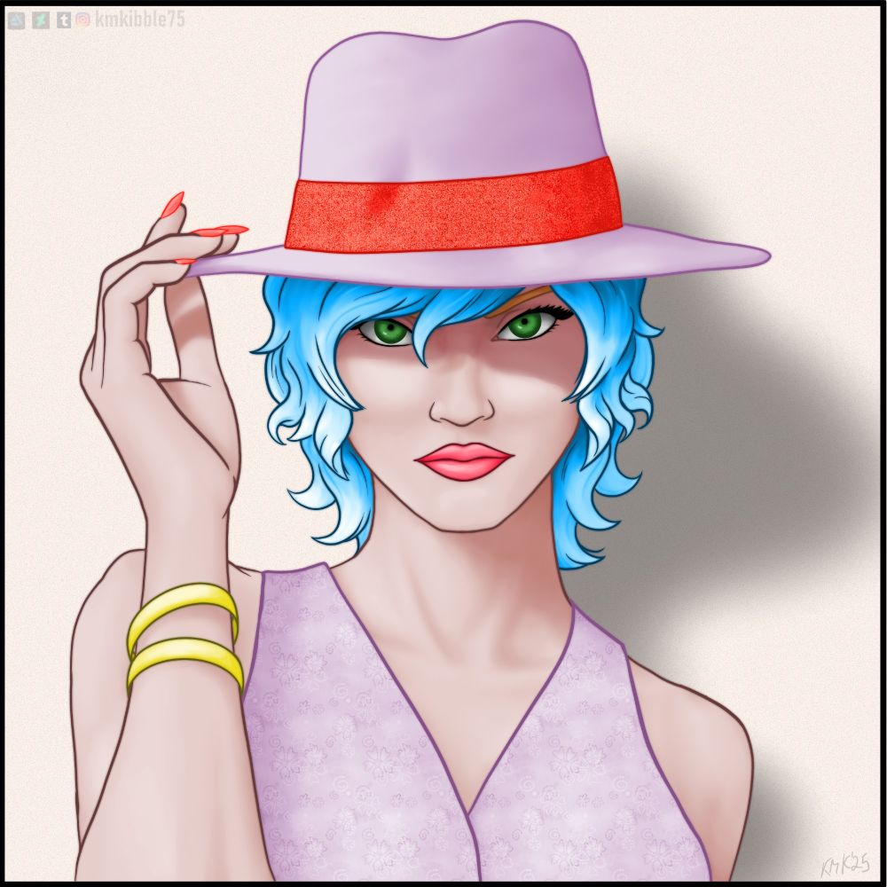 A woman with ice blue hair and green eyes looks at you from under the brim of her hat, a shadow cast across her face and eyes.