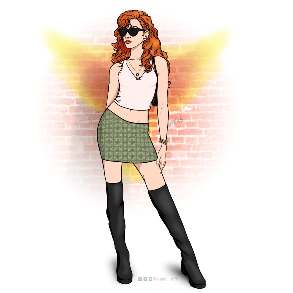 Jean Grey stands against the backdrop of a Phoenix symbol spray-painted on a brick wall. She's wearing a patterned miniskirt, a cropped tanktop, thigh-high boots and pair of shades. She also has a black handbag under her left arm. 