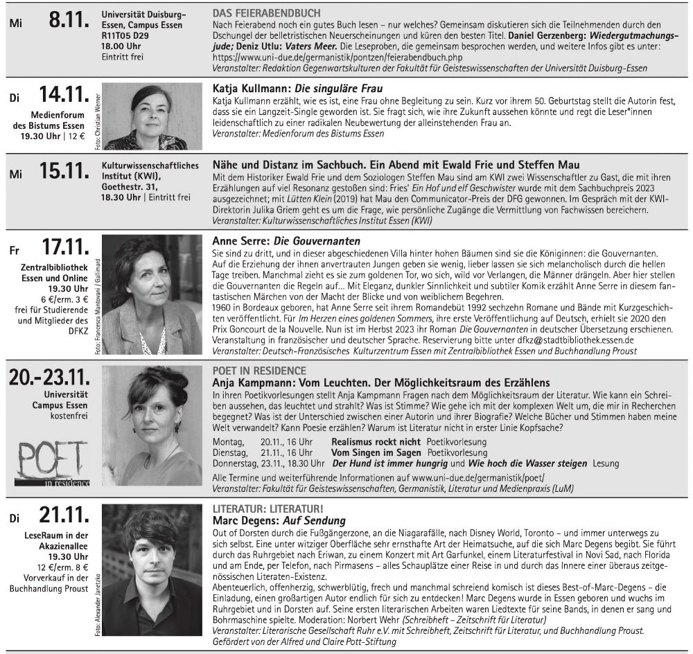 Lesungsankündigungen in Essen zwischen dem 8. und 21.11.2023: Das Plakat als PDF findet sich vollständig unter folgendem Link: https://media.essen.de/media/wwwessende/aemter/41/relaunch_1/03_foerderung/03e_kulturmarketing_1/Literatur-in-Essen_11-12_2023_web.pdf