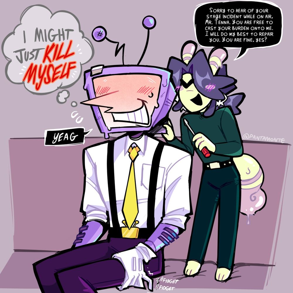 Art of Margot and Tenna. Margot is standing up next to Tenna (who's sitting). Margot says they will repair him and asks if he is fine with it. He says yes, but is flustered and internally panicking while Margot opens a panel behind his head.