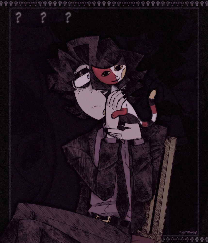 Art of my OC Dante sitting on a chair, holding a Rosina Wachtmeister cat to his face.