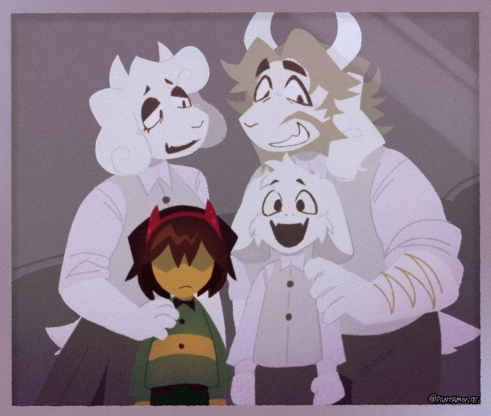 A photo of the Dreemurr family from deltarune (Toriel, Asgore, Asriel and Kris). All of them are wearing monochrome outfits. Toriel and Asgore are joyfully looking toward their son Asriel. Kris is the only one with their normal clothing, alongside a fake pair of horns.
