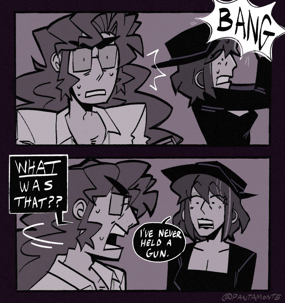 Art of a follow-up comic where Leigh ends up shooting in the air on accident. Cormac, startled, says "WHAT WAS THAT??" and she responds with "I've never held a gun."
