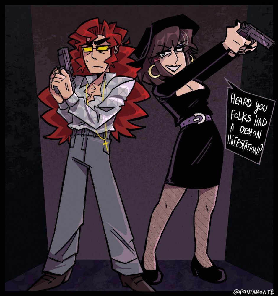 Art of OCs Cormac (left), and Leigh (right), standing outside a doorway with guns and Leigh saying "Heard you falks had a demon infestation?"