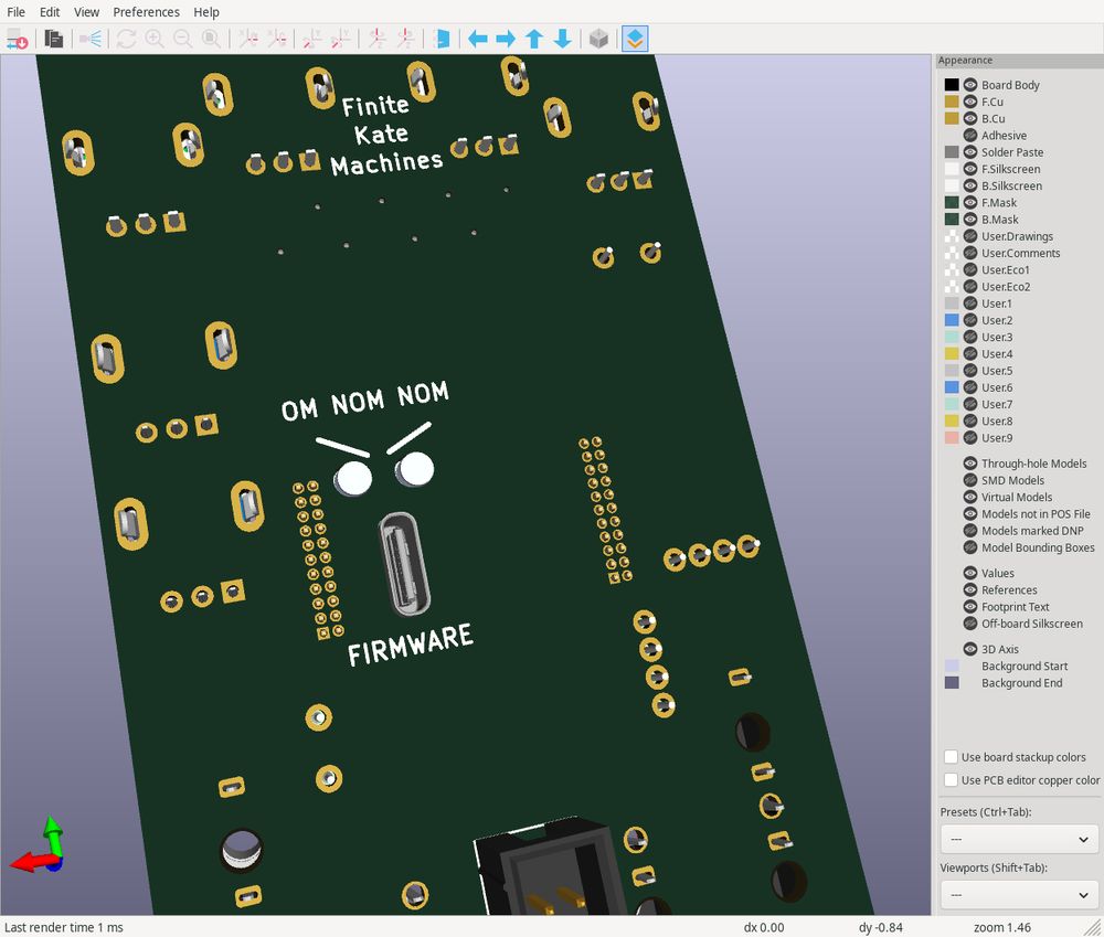 pcb layout, rendered as a 3D preview in kicad. showing the back of a eurorack module, with a usb-c connector and two light pipes for status LEDs. they're arranged as a hungry-looking face, with two simple lines for angry eyebrows. the whole arrangement is labelled OM NOM NOM FIRMWARE. clearly this is where your firmware updates go