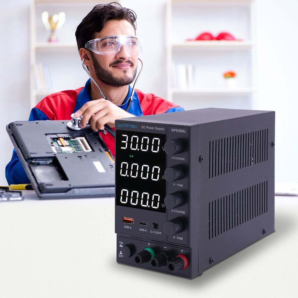foreground: bench power supply. it's unremarkable. it's a cheap looking one, the kind you find on aliexpress or ebay or whatever.

background: with the blissful expression only stock photo actors are able to pull off, here's a technican-looking guy, starring off into the mid distance. he's holding a laptop, which he's not looking at. the laptop has some panels removed, exposing its ram and whatever. our guy is *holding a medical stethoscope* against the body of the laptop. thankfully he is wearing safety glasses