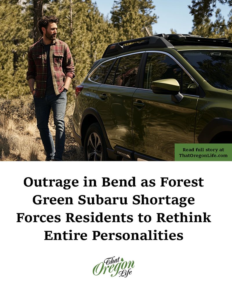 Outdoor guy and subaru.  Caption: Outrage in Bend as Forest Green Subaru Shortage Forces Residents to Rethink Entire Personalities.
-That Oregon Life-