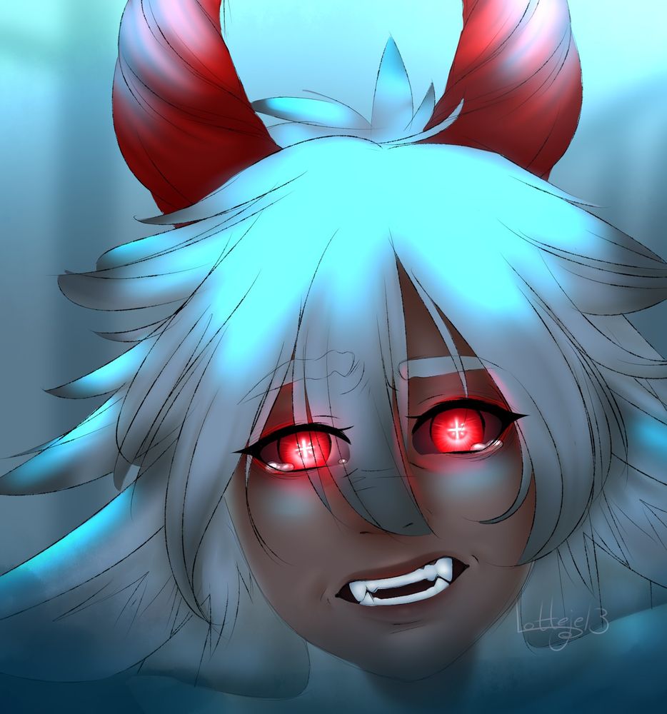 Sevvy struggling to controll herself, lit up from above by a blue light.