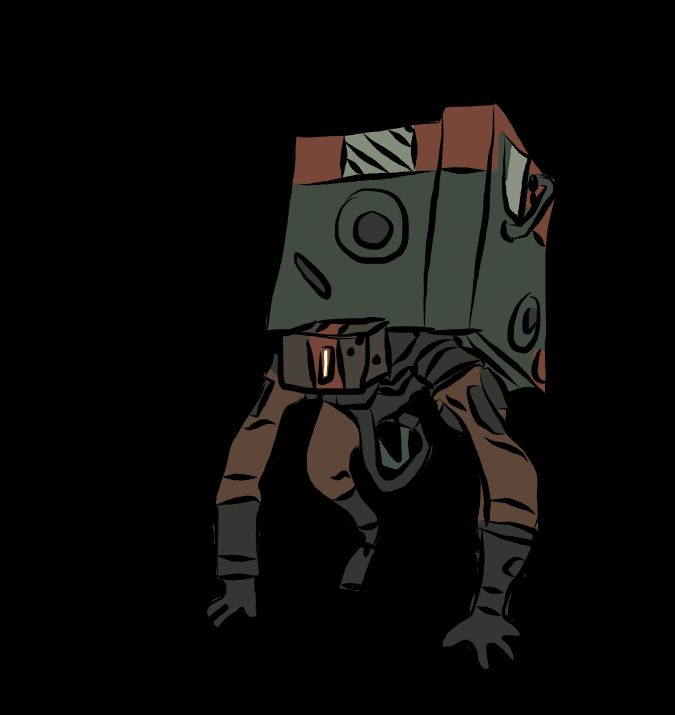 Digital illistration of HRV, the puppy-like robot from the game Meet Your Maker, standing and awaiting something to happen.