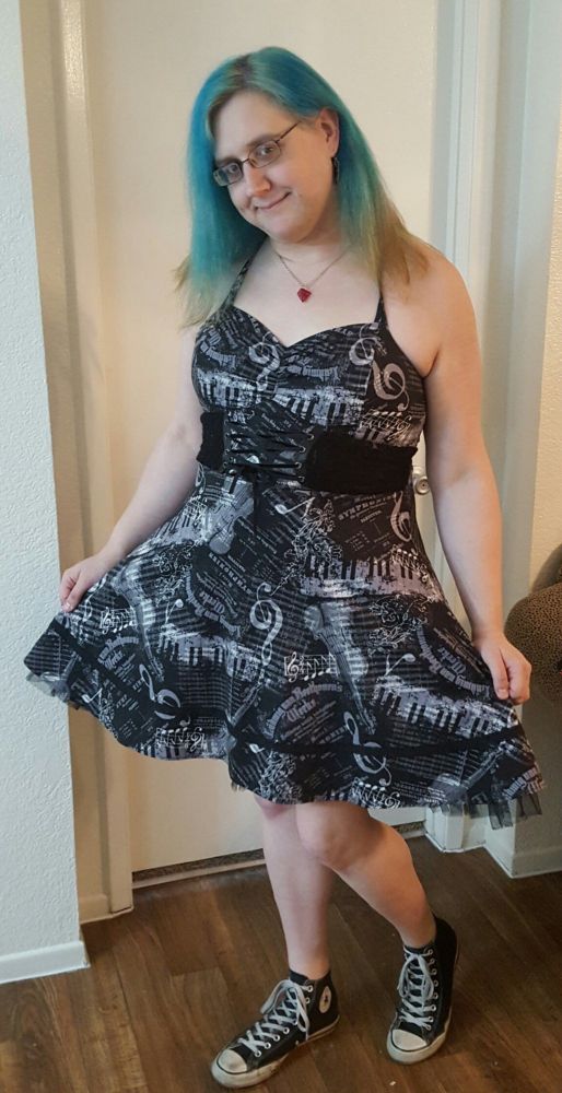 me with blue hair in my favorite music themed dress and black black chucks