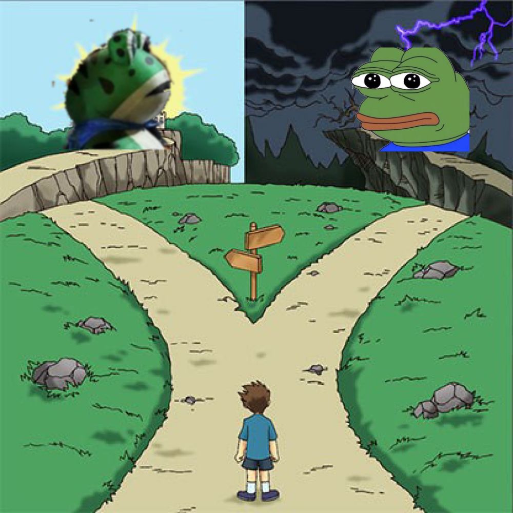 the choose your way meme: a child stands at a fork in the road between a bright sunny path and dark stormy path. the sunny path has the Portland Frog suit protestor's head on it, the dark path has the pepe meme frog that was co-oped by online racists.