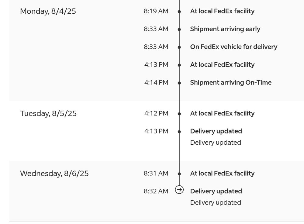 Package tracking history.  A package that was at the delivery facility went from arriving early (Monday) and getting put on a delivery vehicle, to returning to the facility and staying there for an additional 2+ days, with nothing to show except "Delivery updated" status messages.