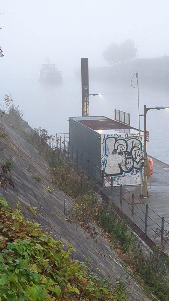 eine Fähre ist grade sj erkennbar durch dichten Nebeln. 