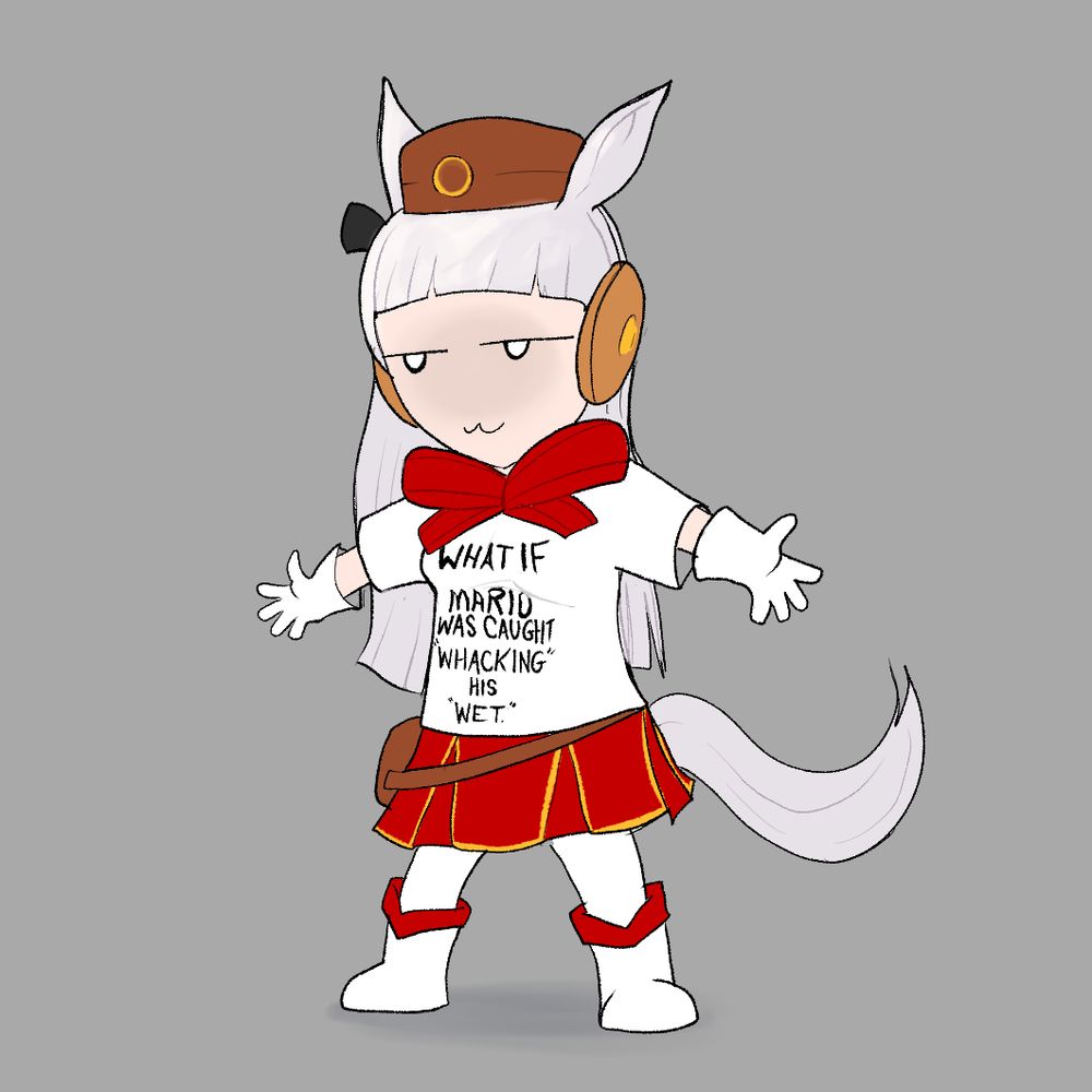 Goldship from Umamusume posing smugly wearing a shirt that says "What if Mario was caught "whacking" his "wet?""