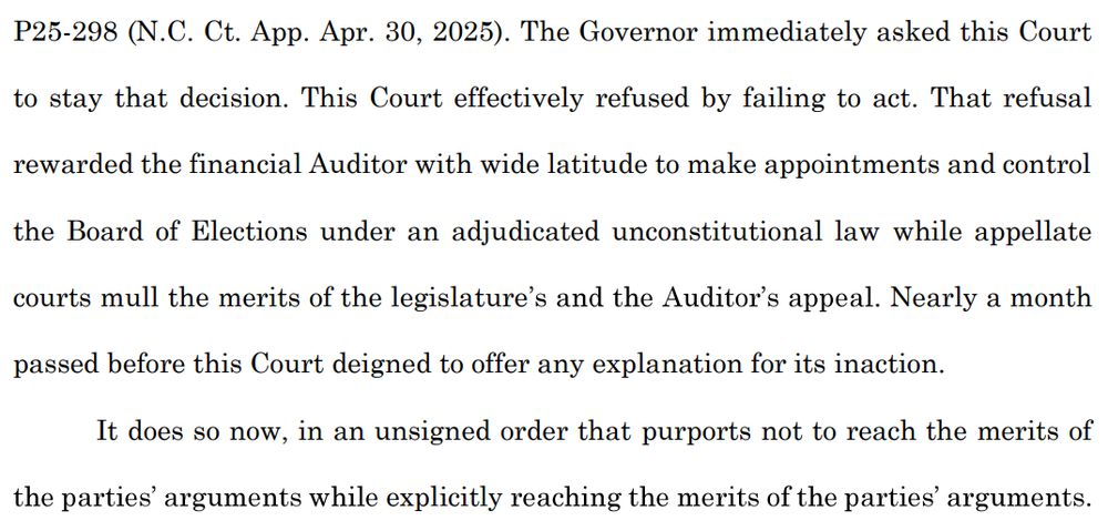 This Court effectively refused by failing to act. That refusal
rewarded the financial Auditor with wide latitude to make appointments and control
the Board of Elections under an adjudicated unconstitutional law while appellate
courts mull the merits of the legislature's and the auditor's appeal. . Nearly a month
passed before this Court deigned to offer any explanation for its inaction. 