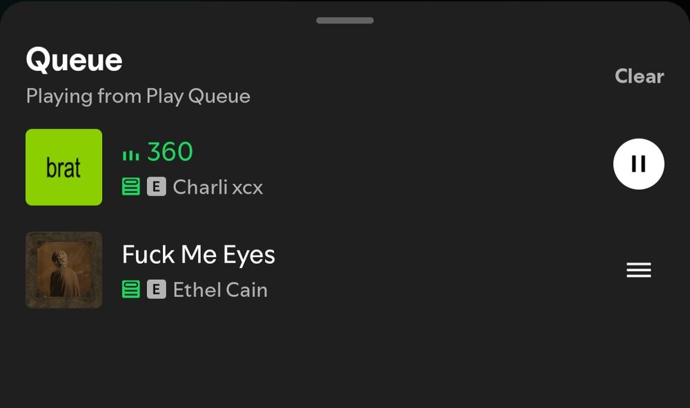 my music queue. 360 by charli xcx followed by fuck me eyes by ethel cain