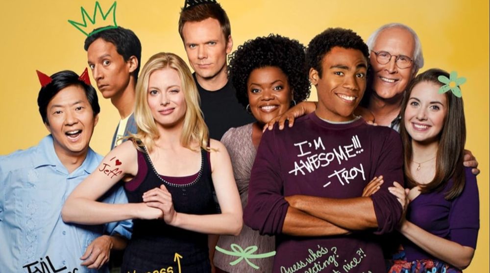 community s1 poster. 
pictured from left to right:
senor chang (ken jeong)
abed nadir (danny pudi)
britta perry (gillian jacobs)
jeff winger (joel mchale)
shirley bennett (yvette nicole brown)
troy barnes (donald glover)
pierce hawthorne (chevy chase)
annie edison (alison brie)
