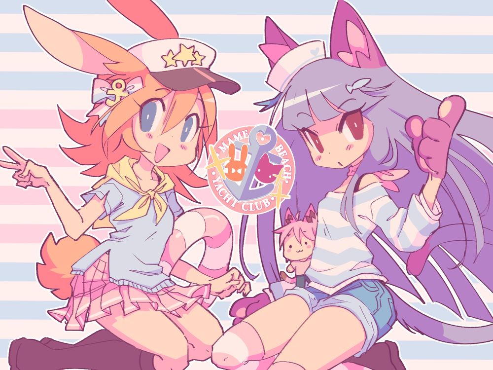 Art of my bunny girl oc Yum and my catgirl oc Wire! They have boat attire on, and the text reads Mame beach yacht club! 
