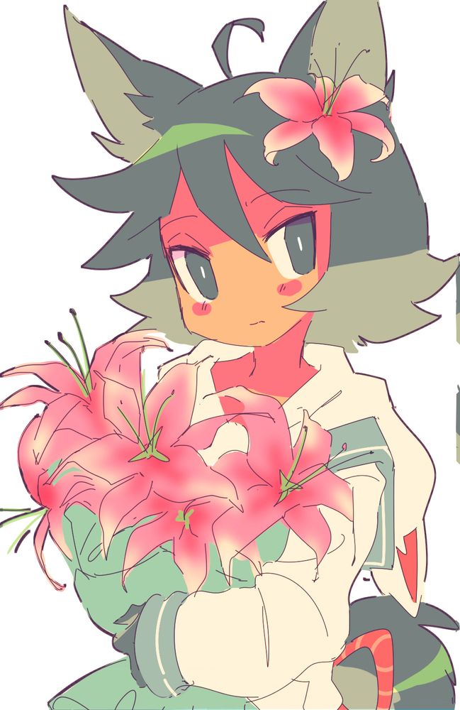 old digital art of my oc Seacastle! He’s holding a bouquet of Lilys and has a flower in his hair.