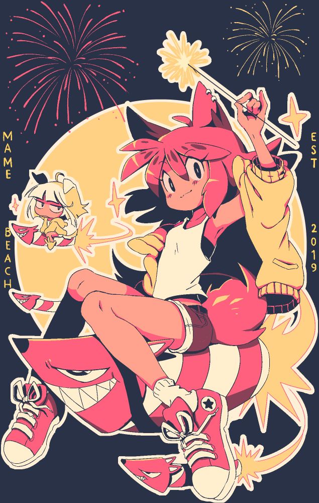 Digital art of my oc’s Lorem and Ipsum! (aka the quick brown fox and the lazy dog!) The fox is sitting in a firework in the front, while the dog is further in the back on another firework. There’s fireworks going off at the top.