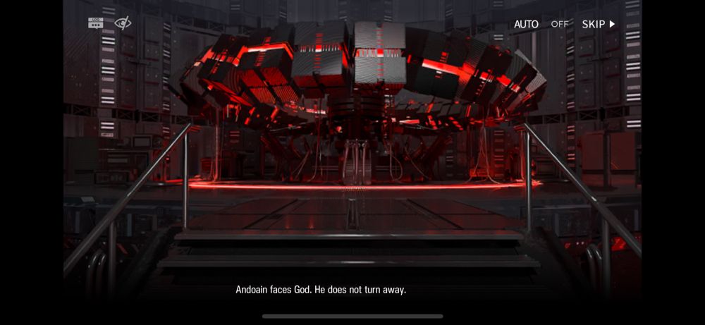 A screenshot from the Arknights event The Masses’ Travels. It depicts The Law, a floating ring of black metal cubes emitting a red glow. There are cables underneath it. The subtitle reads “Andoian faces God. He does not turn away.”