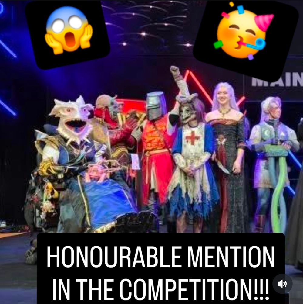A group photo of cosplayers on stage celebrating places in the competition. Two stickers at the top are a shocked scream face and one with a party hat and confetti celebrating. The bottom text is in all caps and reads "honourable mention in the competition!!!" 

I am the Dark Urge Ballgown on the far left 