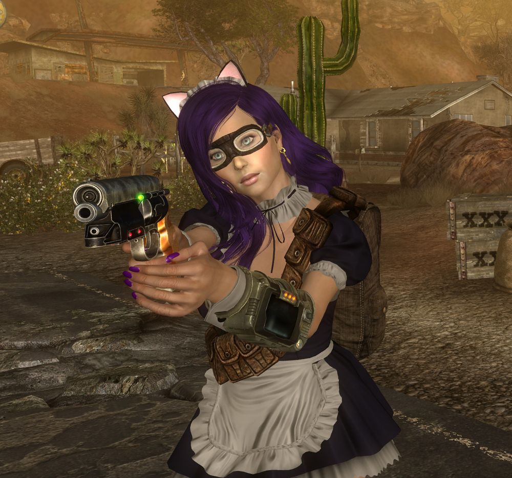 Player character from Fallout: New Vegas holding gun and wearing a maid dress.