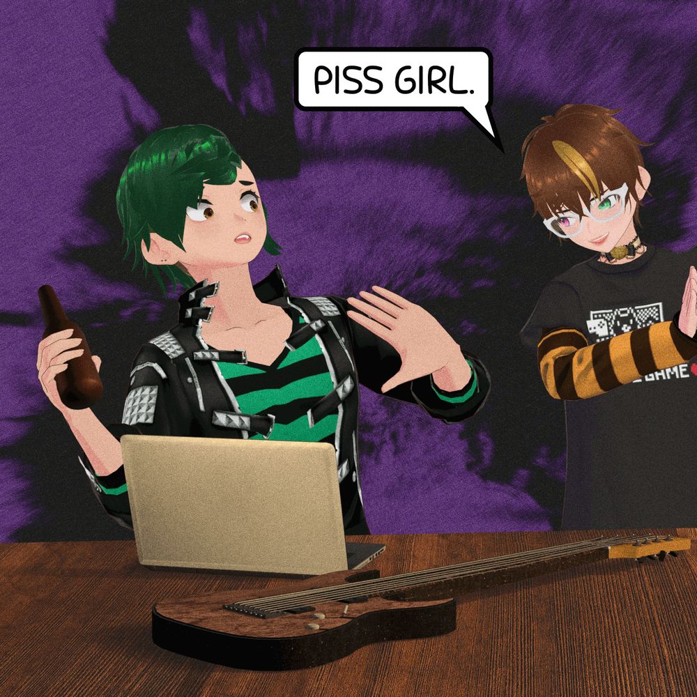 Miko enters the scene, seeming to place her hand on the side of the frame as if it were a door frame. Roadie reels back in surprise as Miko shouts, "PISS GIRL."