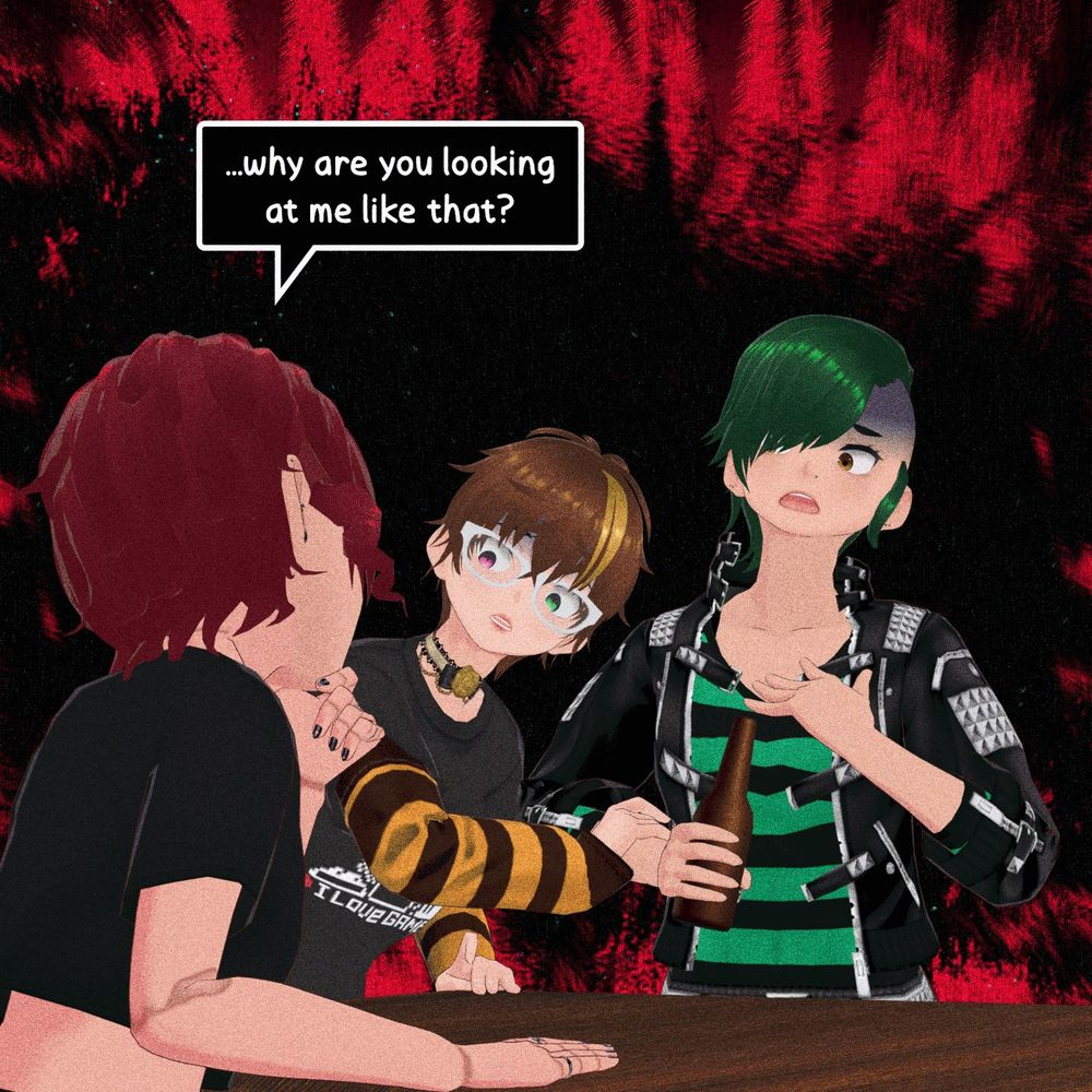 The viewer now peers over Teto's shoulder to reveal Miko and Roadie, recoiling in horror at Teto's story. Miko is holding onto Roadie's arm for reassurance, while Roadie places her free hand over her chest like a mother who just heard her child swear for the first time. The background is visceral, with deep reds and blacks creating a scary undertone. Teto, without breaking her posture, dryly says: "...why are you looking at me like that?"